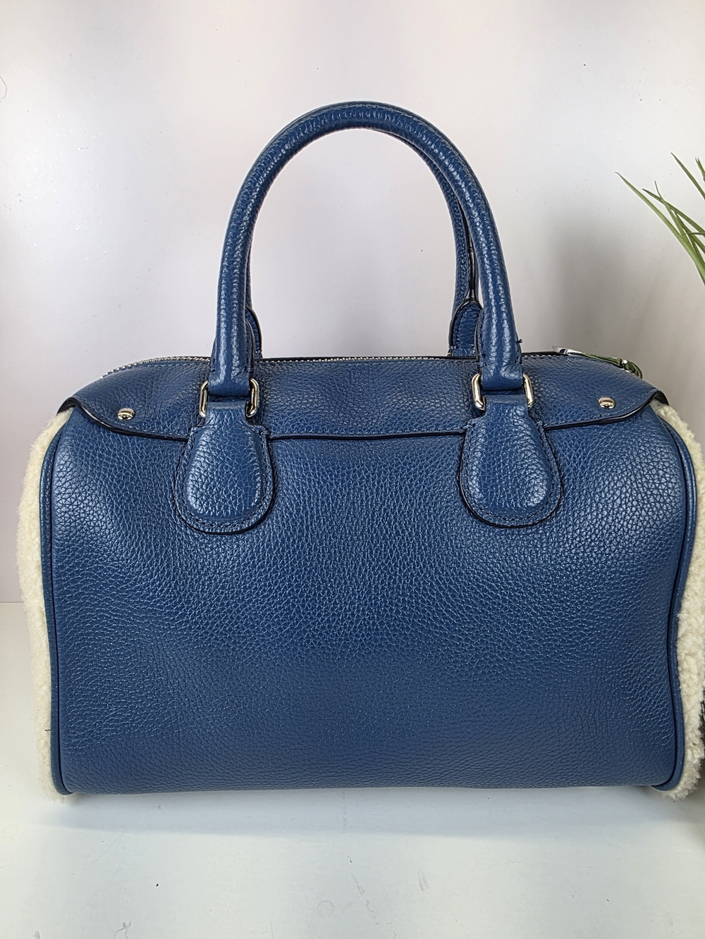 Coach Bennett Shearling Blue Pebble Leather Satchel Hand Crossbody Bag Sherpa - Picture 5 of 13
